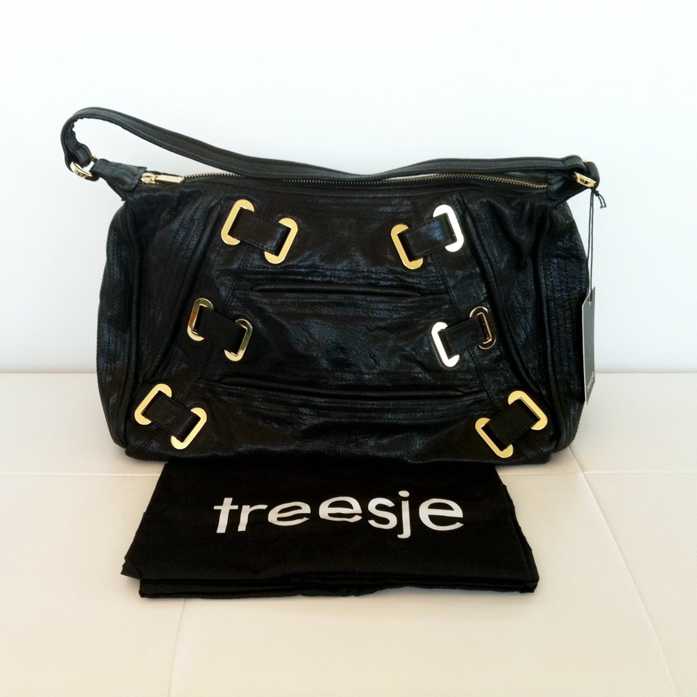 TREESJE Poppy Hobo Leather Handbag Black NEW $595